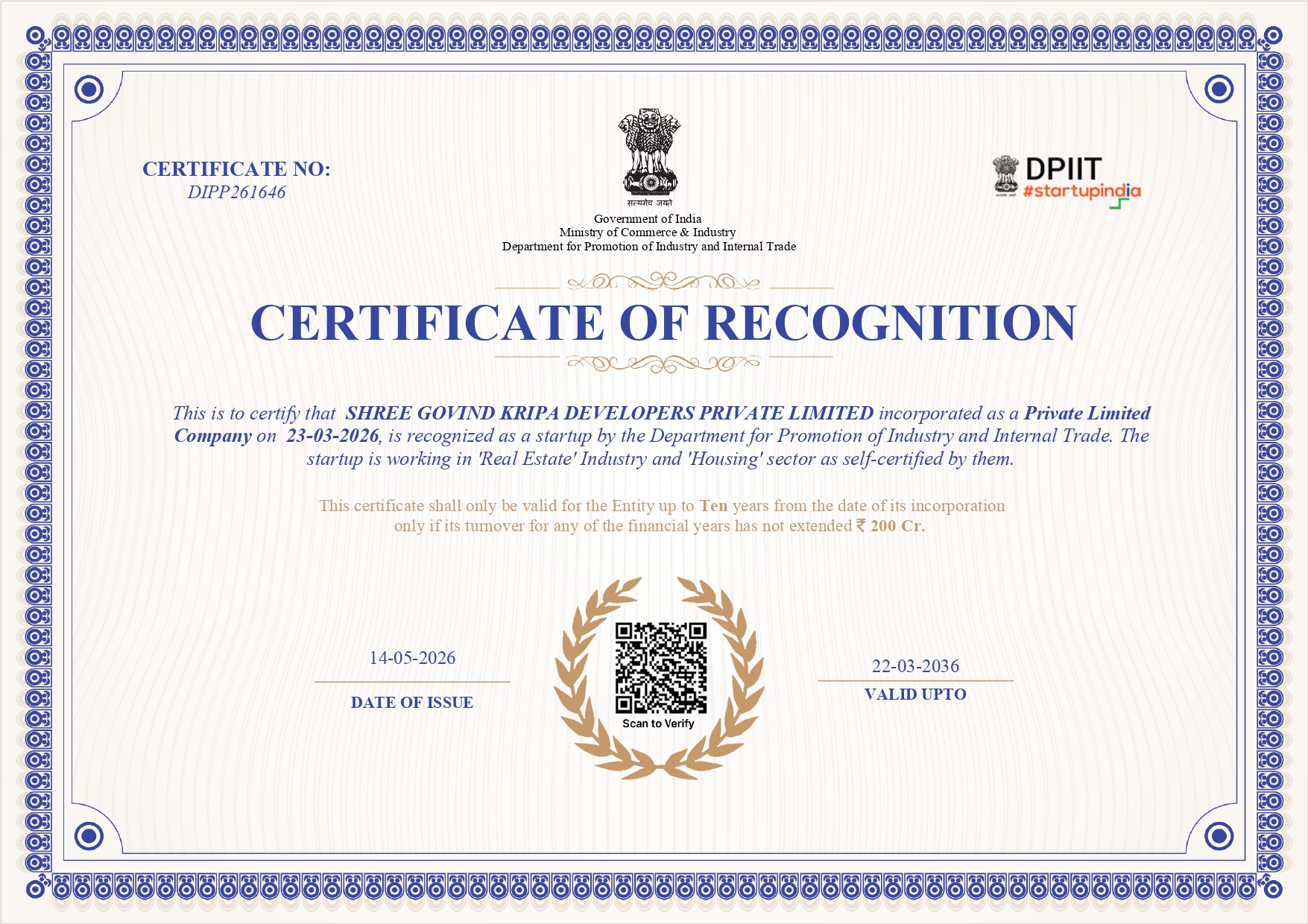 Startup India DPIIT Certificate of Recognition